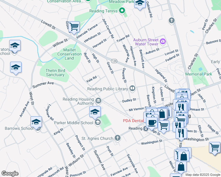 map of restaurants, bars, coffee shops, grocery stores, and more near 176 High Street in Reading