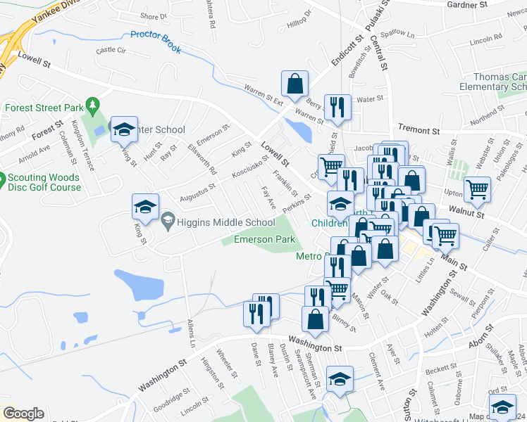 map of restaurants, bars, coffee shops, grocery stores, and more near 1 Ethel Avenue in Peabody