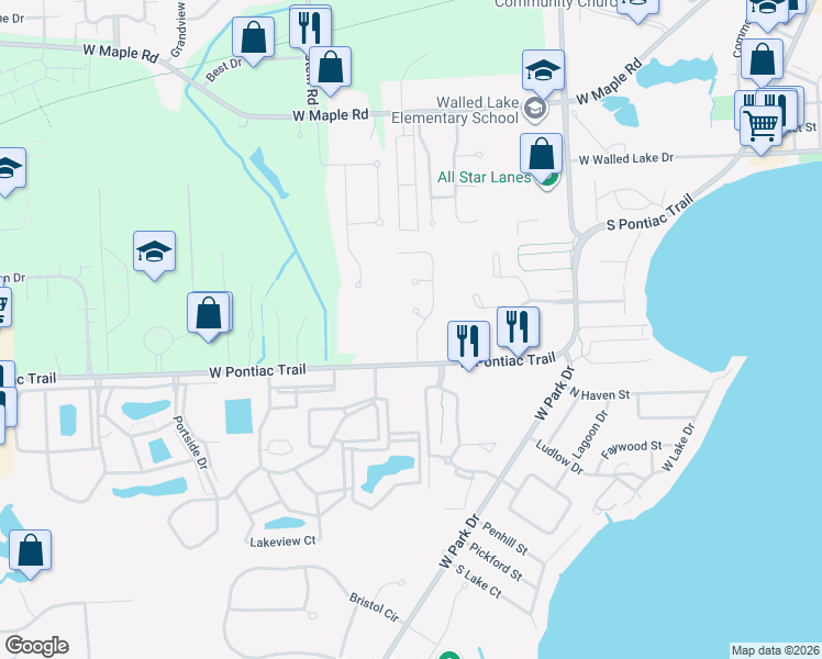 map of restaurants, bars, coffee shops, grocery stores, and more near 107 Chestnut Ridge in Walled Lake