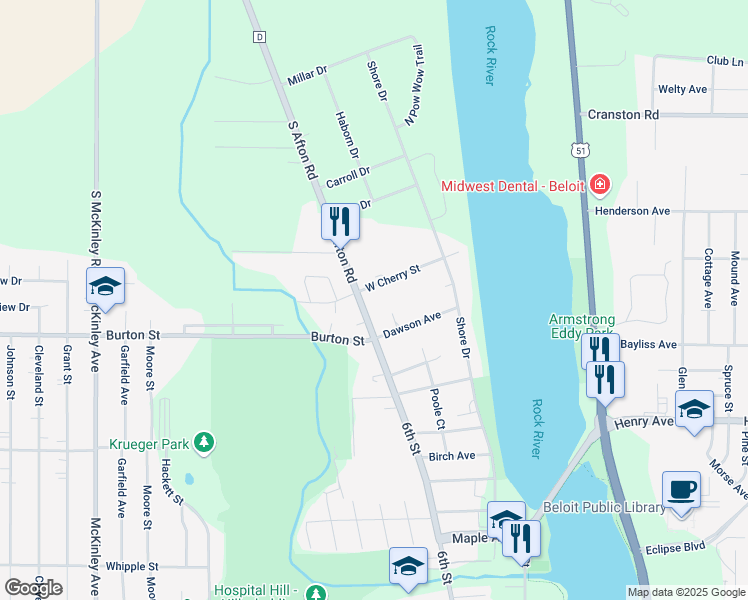 map of restaurants, bars, coffee shops, grocery stores, and more near 1945 S Afton Rd in Beloit