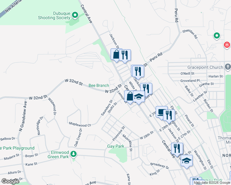 map of restaurants, bars, coffee shops, grocery stores, and more near 101 Saunders Street in Dubuque