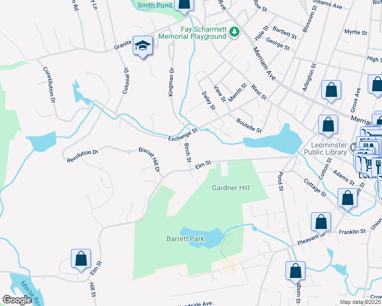 map of restaurants, bars, coffee shops, grocery stores, and more near 30 Birch Street in Leominster