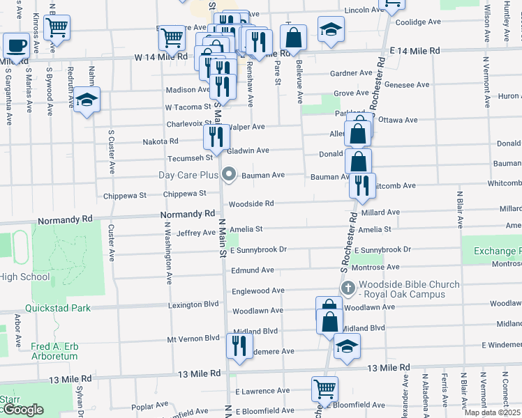 map of restaurants, bars, coffee shops, grocery stores, and more near 206 Woodside Road in Royal Oak