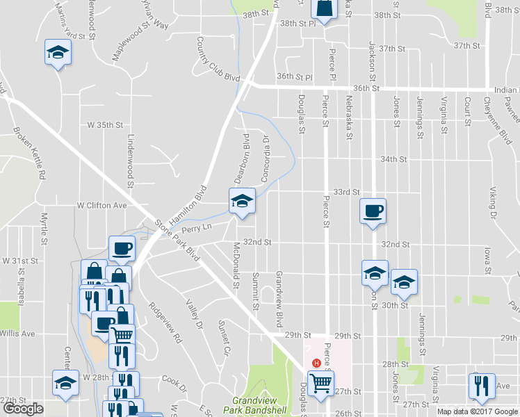 map of restaurants, bars, coffee shops, grocery stores, and more near 3238 Summit Street in Sioux City