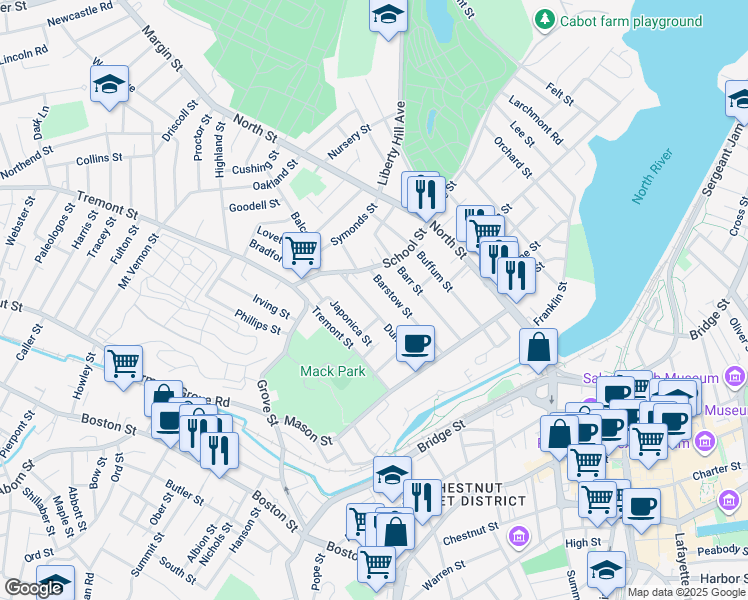 map of restaurants, bars, coffee shops, grocery stores, and more near 44 Dunlap St in Salem