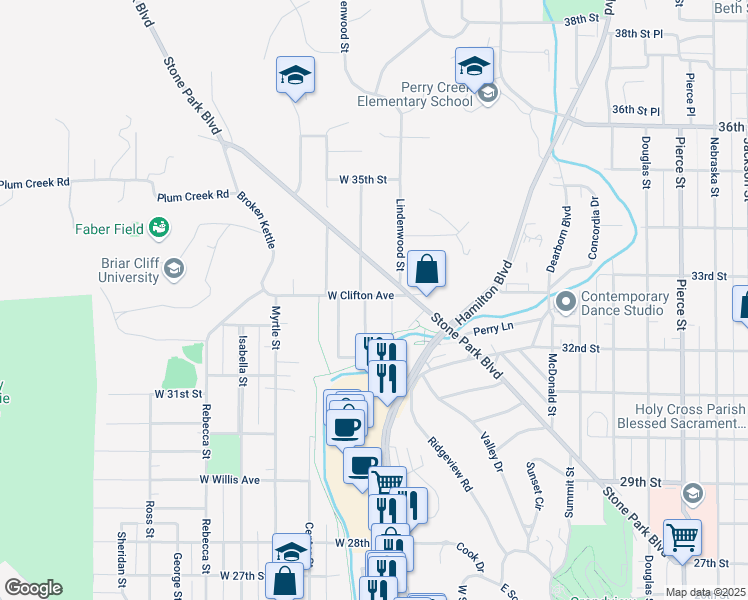 map of restaurants, bars, coffee shops, grocery stores, and more near 314 West Clifton Avenue in Sioux City