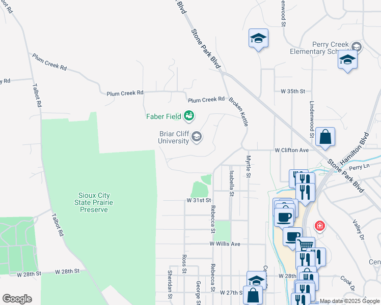 map of restaurants, bars, coffee shops, grocery stores, and more near 3303 Rebecca Street in Sioux City