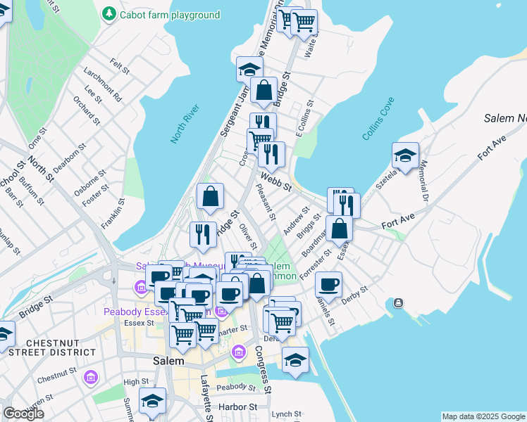 map of restaurants, bars, coffee shops, grocery stores, and more near 3 Parker Court in Salem