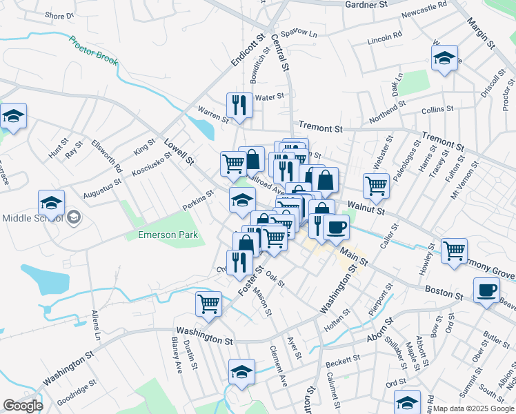 map of restaurants, bars, coffee shops, grocery stores, and more near 34 Lowell Street in Peabody