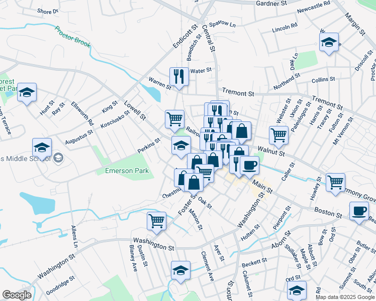 map of restaurants, bars, coffee shops, grocery stores, and more near 58 Lowell Street in Peabody