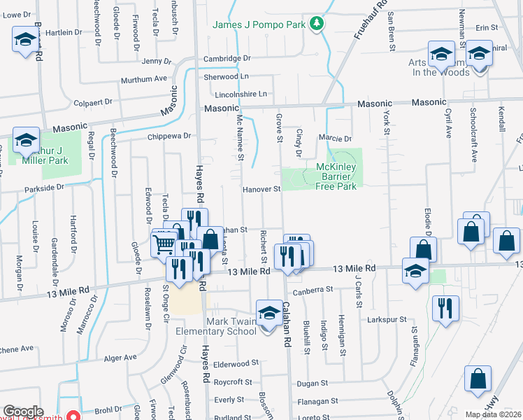 map of restaurants, bars, coffee shops, grocery stores, and more near 31256 Richert Street in Fraser
