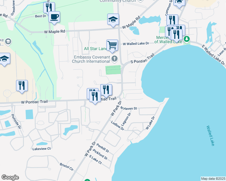 map of restaurants, bars, coffee shops, grocery stores, and more near 1035 Walled Lake Villa Drive in Walled Lake