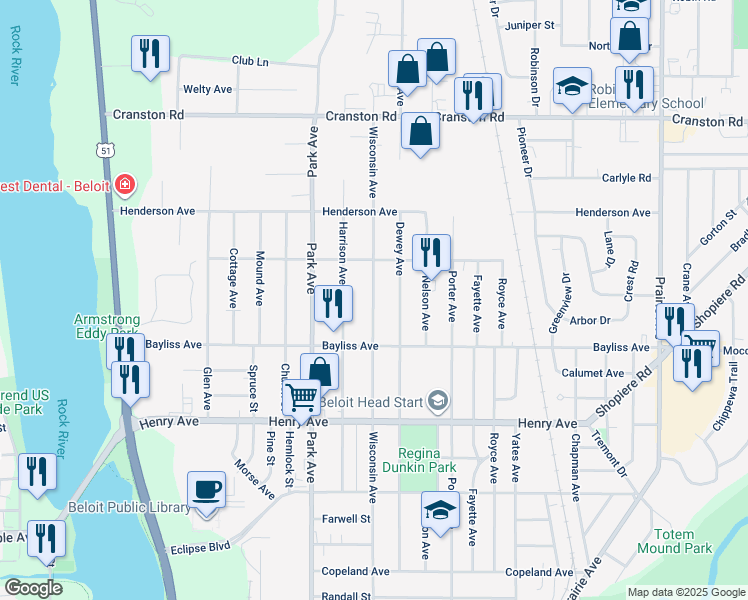 map of restaurants, bars, coffee shops, grocery stores, and more near 1940 Dewey Avenue in Beloit