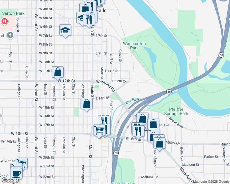 map of restaurants, bars, coffee shops, grocery stores, and more near South Riverside Trail in Cedar Falls