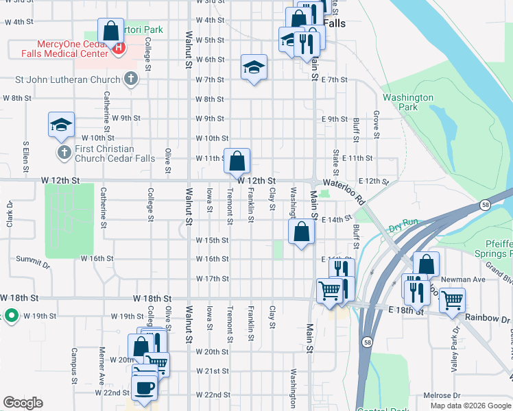 map of restaurants, bars, coffee shops, grocery stores, and more near 1304 Franklin Street in Cedar Falls