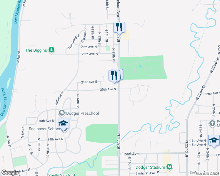 map of restaurants, bars, coffee shops, grocery stores, and more near 2002 North 15th Street in Fort Dodge