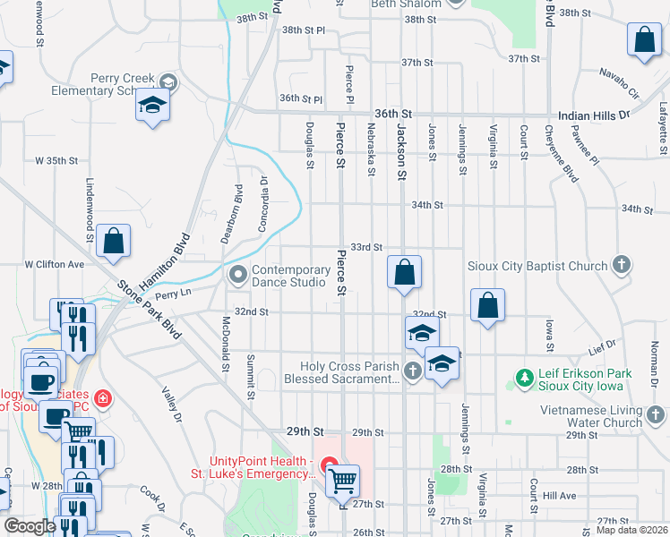map of restaurants, bars, coffee shops, grocery stores, and more near 3200-3298 Pierce St in Sioux City
