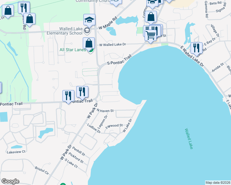 map of restaurants, bars, coffee shops, grocery stores, and more near 148 Coalmont Street in Walled Lake