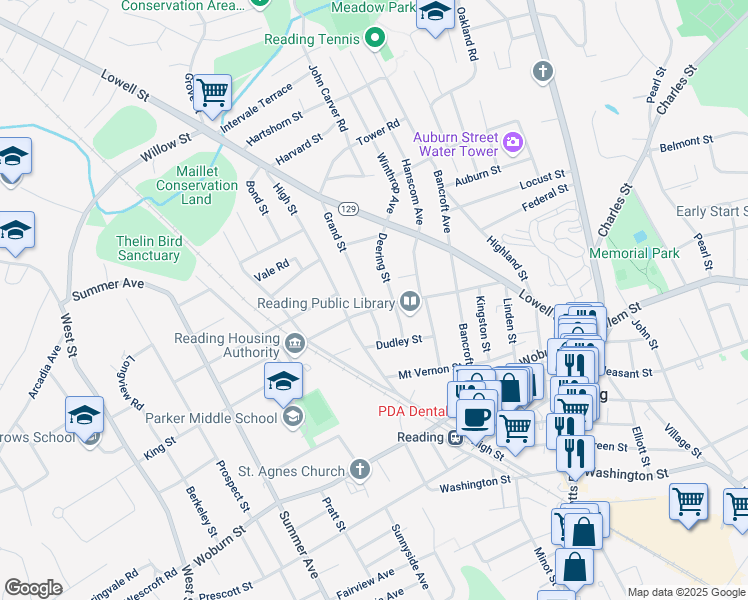 map of restaurants, bars, coffee shops, grocery stores, and more near 83 Middlesex Avenue in Reading