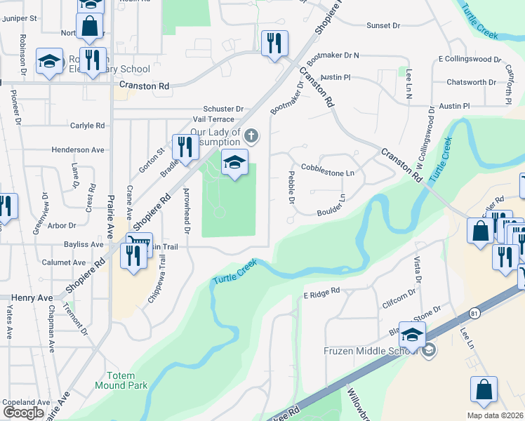 map of restaurants, bars, coffee shops, grocery stores, and more near 1956 Bootmaker Drive in Beloit