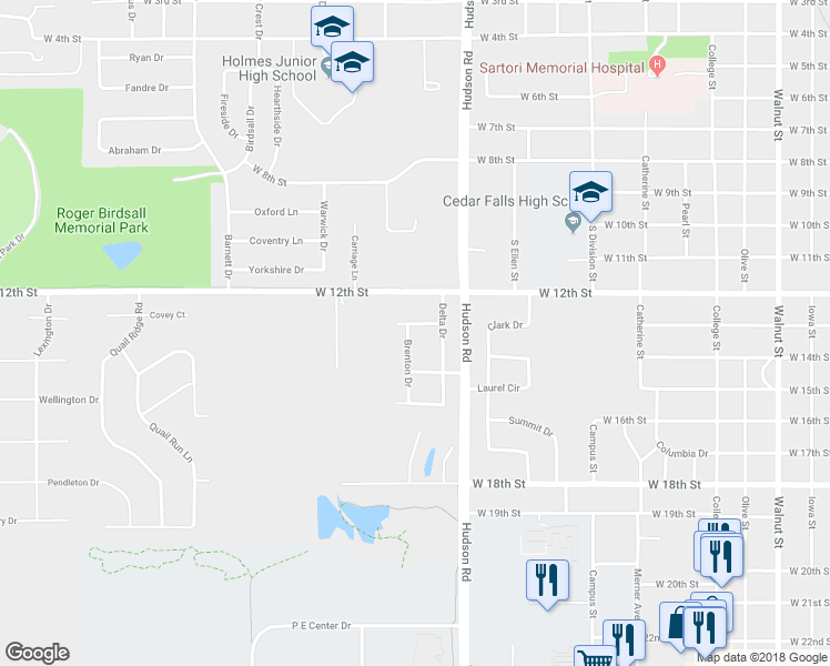 map of restaurants, bars, coffee shops, grocery stores, and more near 1306 Brenton Drive in Cedar Falls