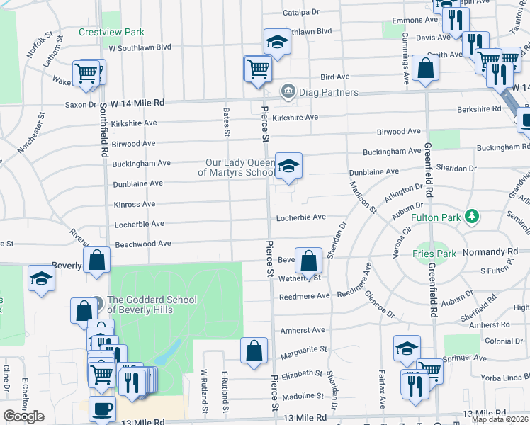 map of restaurants, bars, coffee shops, grocery stores, and more near 16910 Locherbie Avenue in Beverly Hills