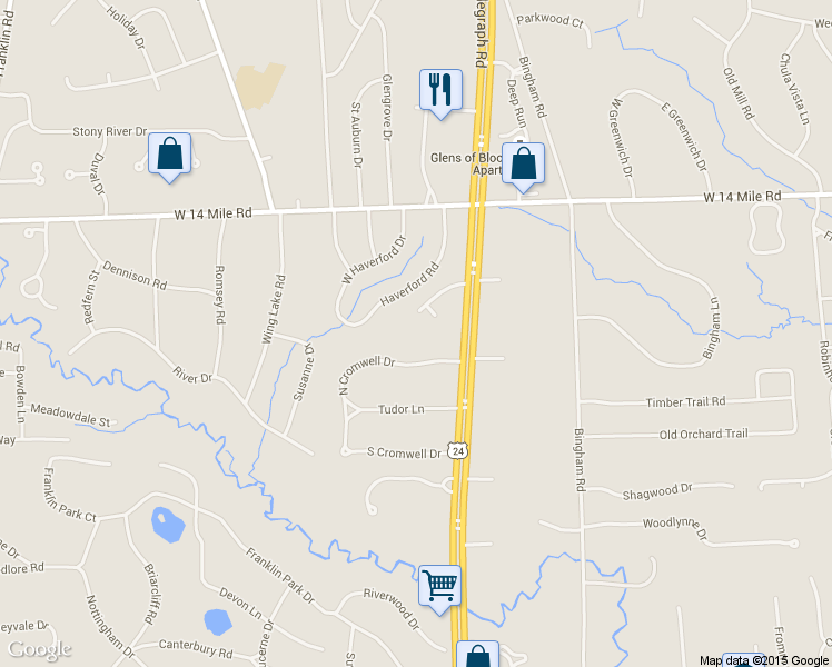map of restaurants, bars, coffee shops, grocery stores, and more near 24517 Bloomington Drive in Franklin