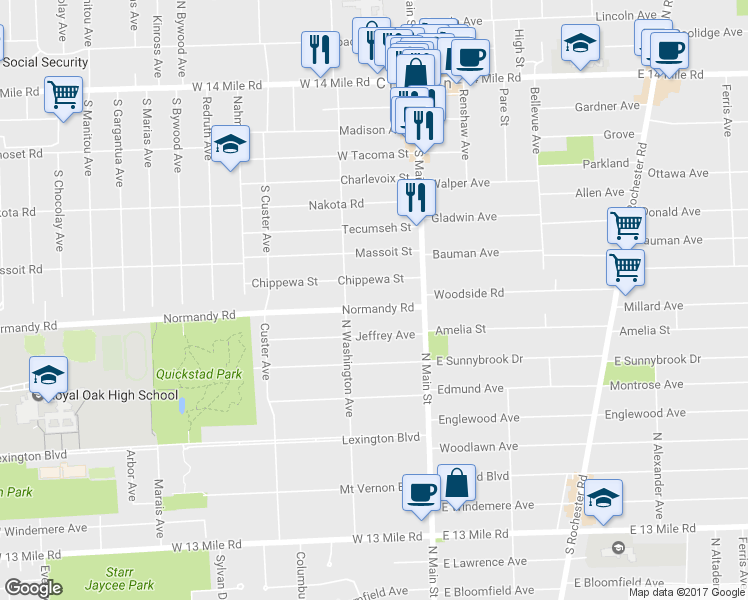 map of restaurants, bars, coffee shops, grocery stores, and more near 306 Normandy Road in Royal Oak