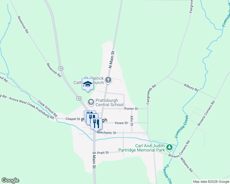 map of restaurants, bars, coffee shops, grocery stores, and more near 1501 Whitmore Park in Prattsburgh