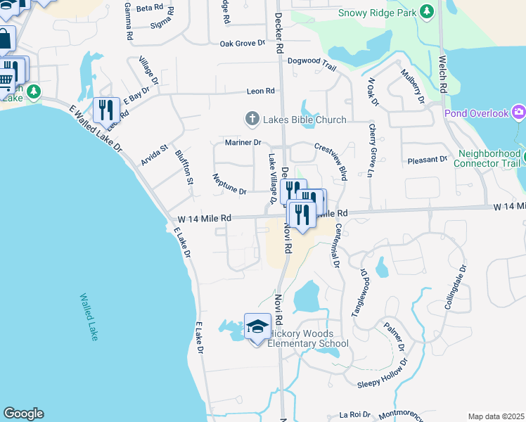 map of restaurants, bars, coffee shops, grocery stores, and more near 119 Lake Village Drive in Walled Lake