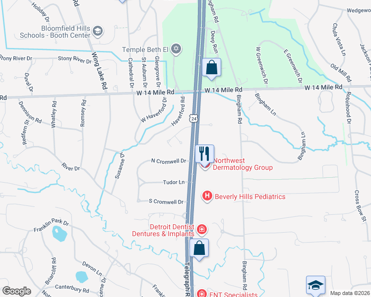 map of restaurants, bars, coffee shops, grocery stores, and more near 24459 Bloomington Court in Franklin