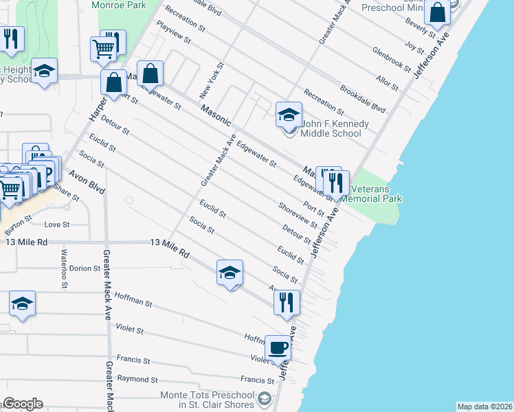 map of restaurants, bars, coffee shops, grocery stores, and more near 23105 Detour Street in St. Clair Shores