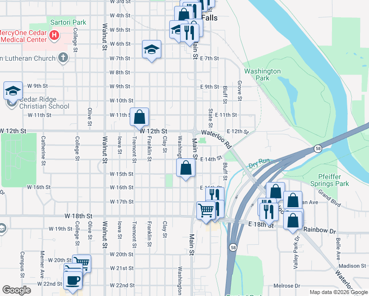 map of restaurants, bars, coffee shops, grocery stores, and more near 1304 Washington St in Cedar Falls