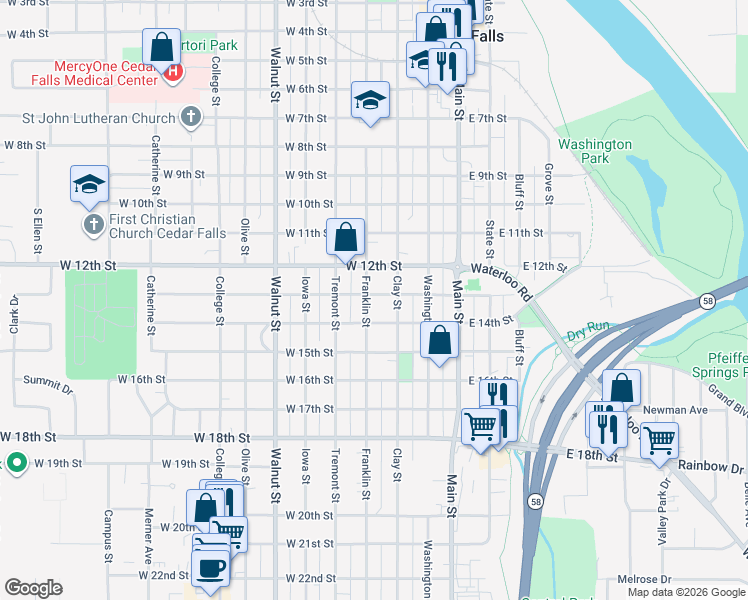 map of restaurants, bars, coffee shops, grocery stores, and more near 1304 Franklin Street in Cedar Falls