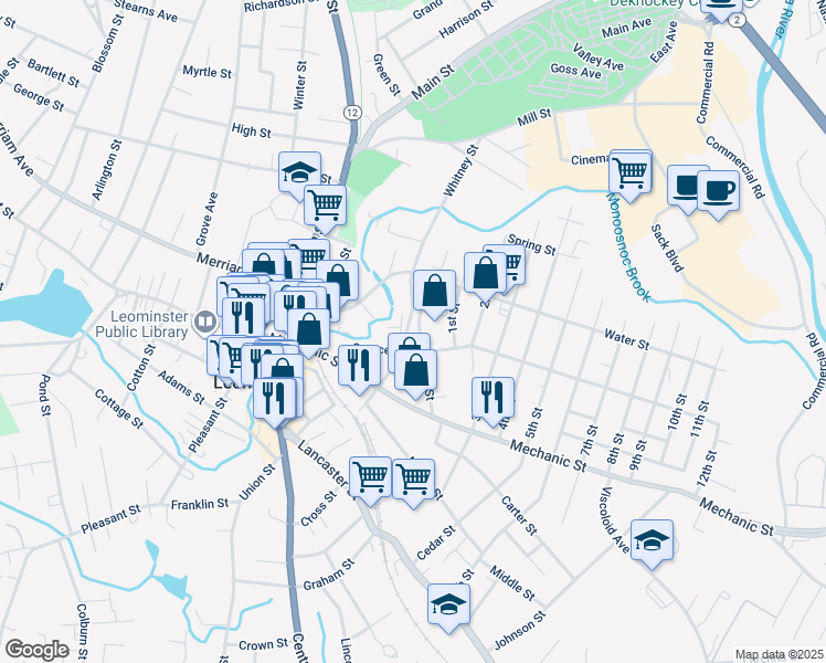 map of restaurants, bars, coffee shops, grocery stores, and more near 169 Whitney Street in Leominster