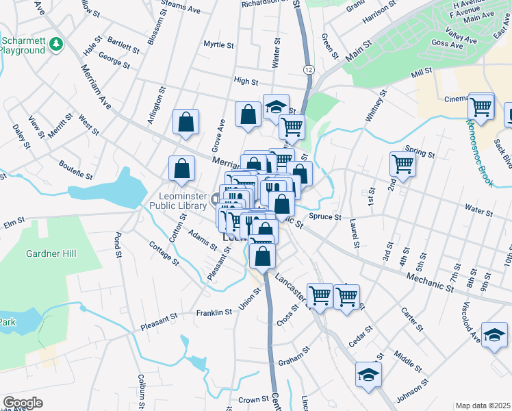map of restaurants, bars, coffee shops, grocery stores, and more near 1 Main Street in Leominster