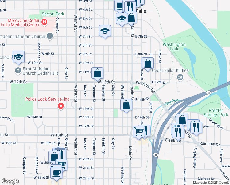 map of restaurants, bars, coffee shops, grocery stores, and more near 1304 Clay Street in Cedar Falls