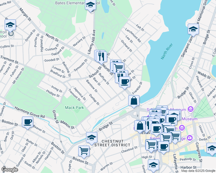 map of restaurants, bars, coffee shops, grocery stores, and more near 15 Buffum Street in Salem