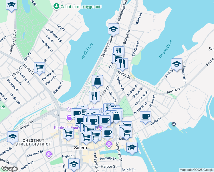 map of restaurants, bars, coffee shops, grocery stores, and more near 138 Bridge Street in Salem