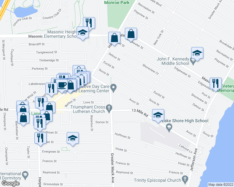 map of restaurants, bars, coffee shops, grocery stores, and more near 31700 Couchez Street in St. Clair Shores