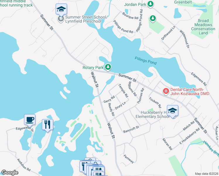 map of restaurants, bars, coffee shops, grocery stores, and more near 22 Temple Road in Lynnfield