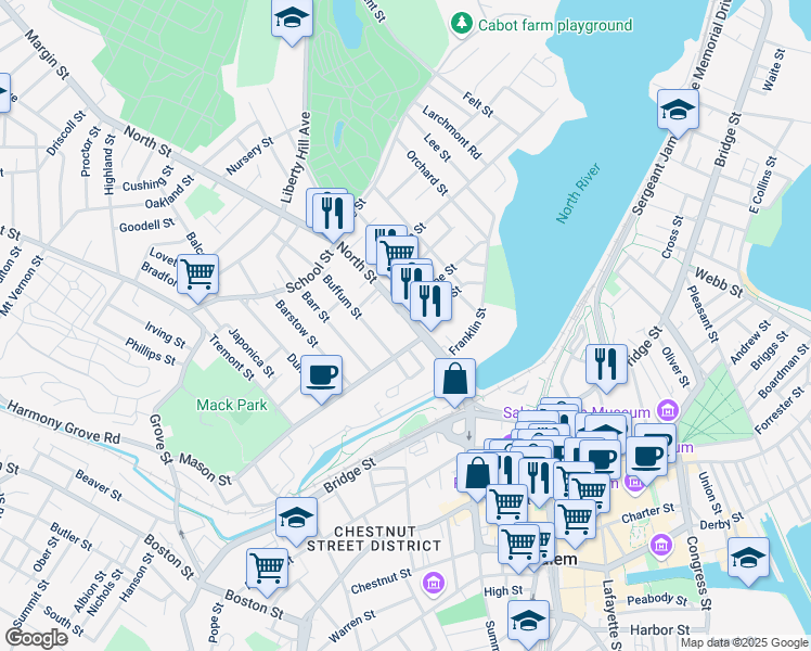map of restaurants, bars, coffee shops, grocery stores, and more near 111 North Street in Salem
