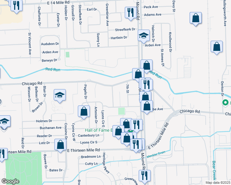 map of restaurants, bars, coffee shops, grocery stores, and more near 31720 Winchester Avenue in Warren