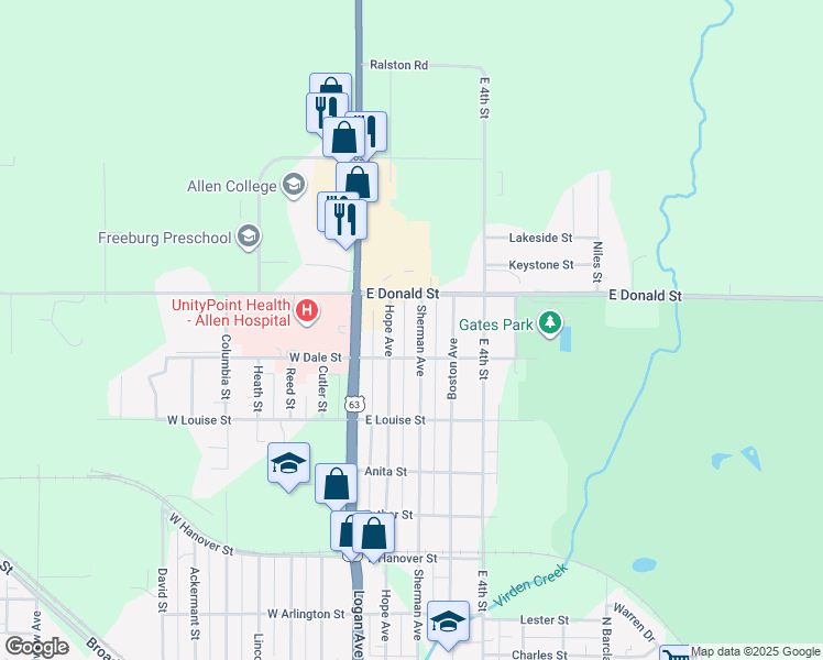 map of restaurants, bars, coffee shops, grocery stores, and more near 727 Sherman Ave in Waterloo