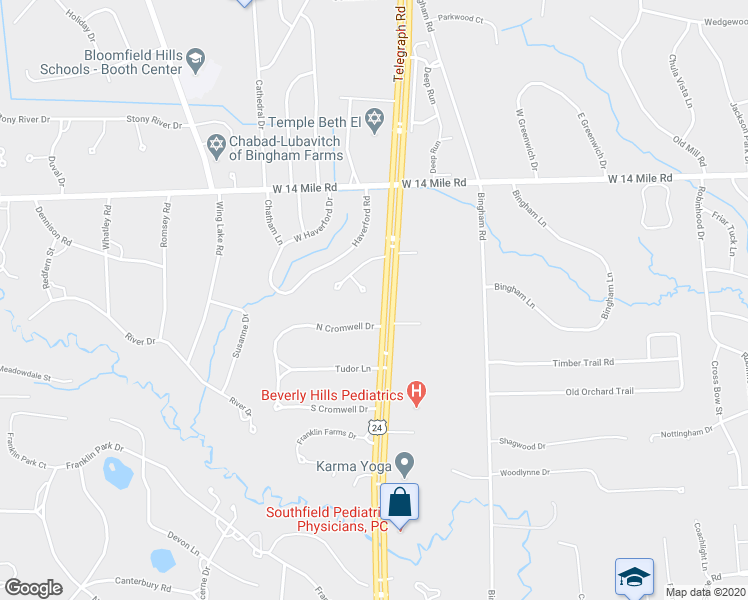 map of restaurants, bars, coffee shops, grocery stores, and more near 24459 Bloomington Court in Franklin