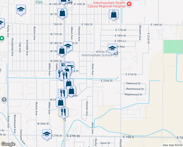 map of restaurants, bars, coffee shops, grocery stores, and more near 2070 Almo Avenue in Burley