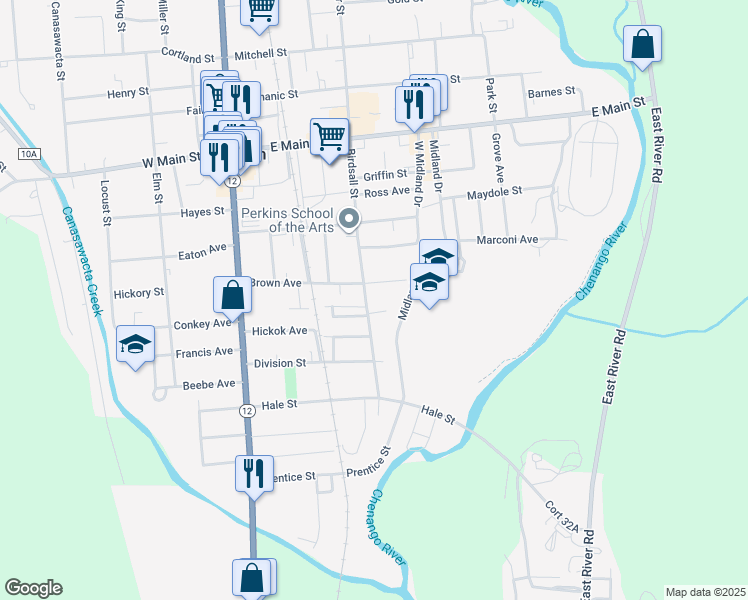 map of restaurants, bars, coffee shops, grocery stores, and more near 71 Birdsall Street in Norwich