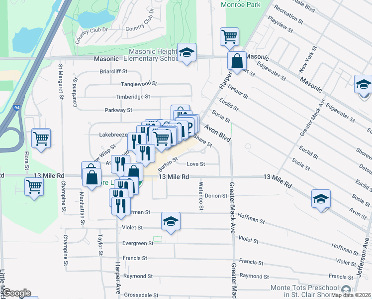 map of restaurants, bars, coffee shops, grocery stores, and more near 31269 Burton Street in St. Clair Shores