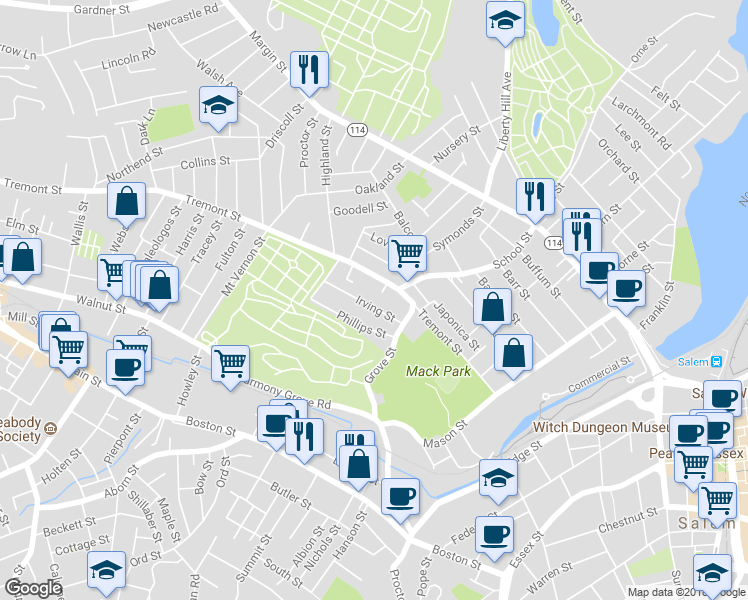 map of restaurants, bars, coffee shops, grocery stores, and more near 24 Irving Street in Salem