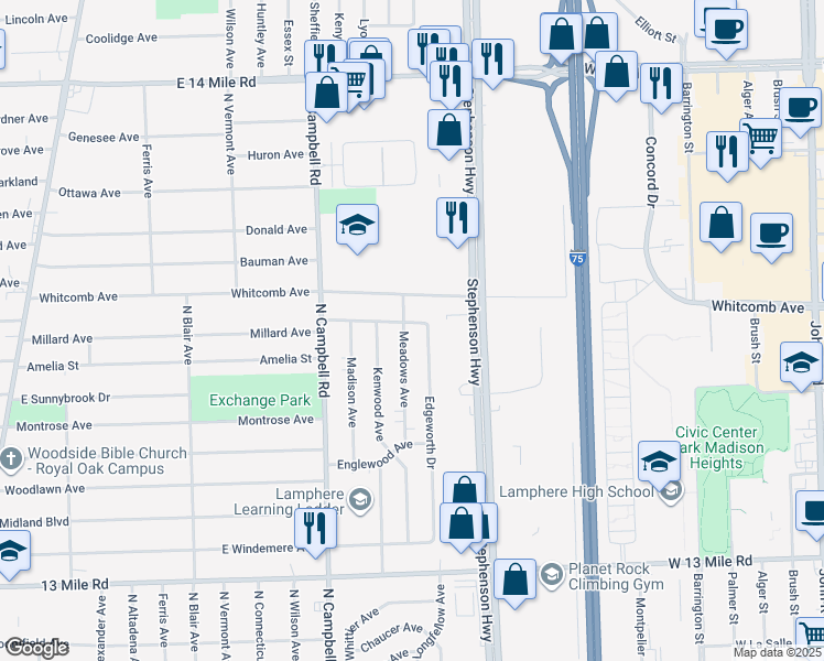 map of restaurants, bars, coffee shops, grocery stores, and more near 1571 Millard Avenue in Madison Heights